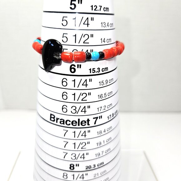 Carved Onyx Bear Fetish, Turquoise Beads, & Coral Tubes Small or Child Bracelet - Picture 8 of 8